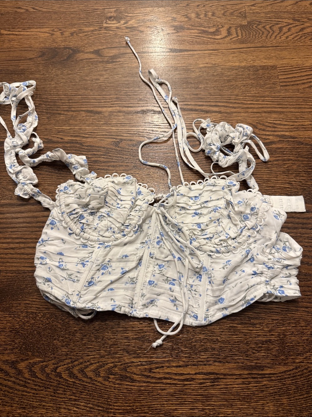 Floral Lace-Trim White & Blue Crop Bustier Top
